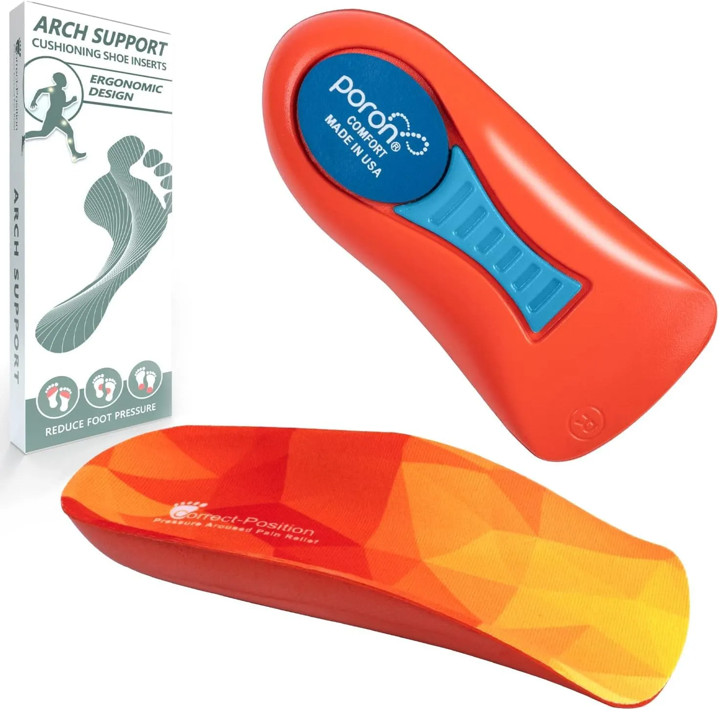 3/4 High Support Arch Orthopedic Insoles Heel Poron Shock Absorbing Insole, Relief Plantar Fasciitis, Flat Feet, Metatarsal Pain, Heel Pain Men Women EU 39-46 Red Pu yellow Fabric