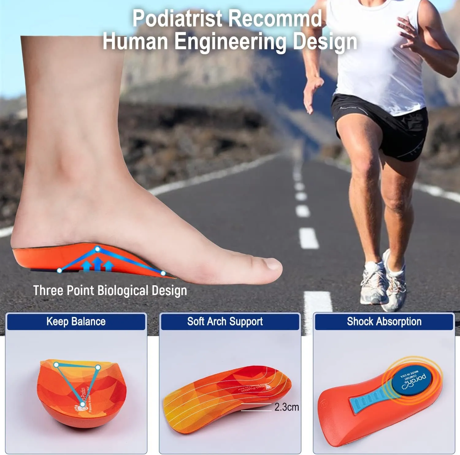 3/4 High Support Arch Orthopedic Insoles Heel Poron Shock Absorbing Insole, Relief Plantar Fasciitis, Flat Feet, Metatarsal Pain, Heel Pain Men Women EU 39-46 Red Pu yellow Fabric