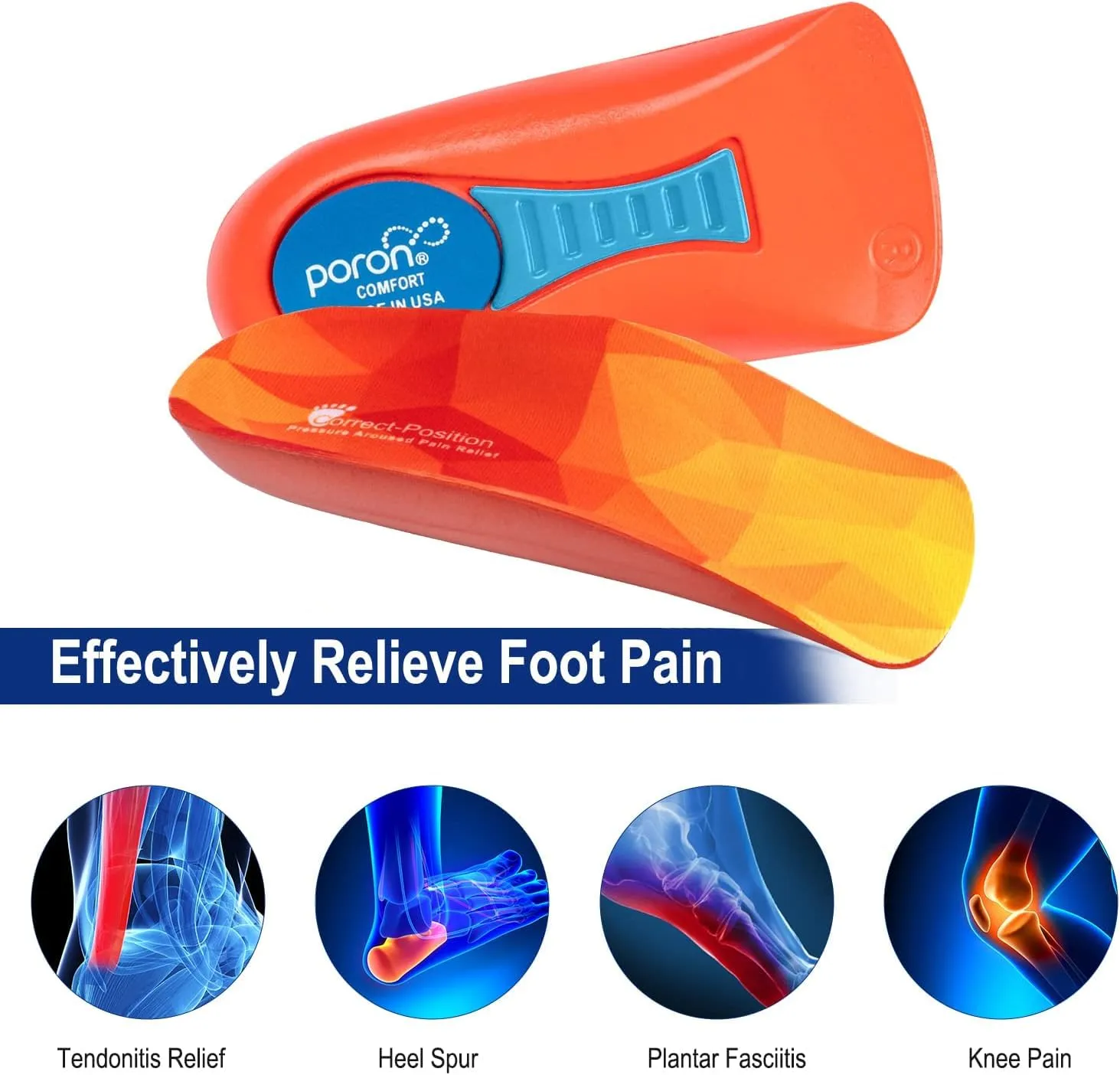 3/4 High Support Arch Orthopedic Insoles Heel Poron Shock Absorbing Insole, Relief Plantar Fasciitis, Flat Feet, Metatarsal Pain, Heel Pain Men Women EU 39-46 Red Pu yellow Fabric
