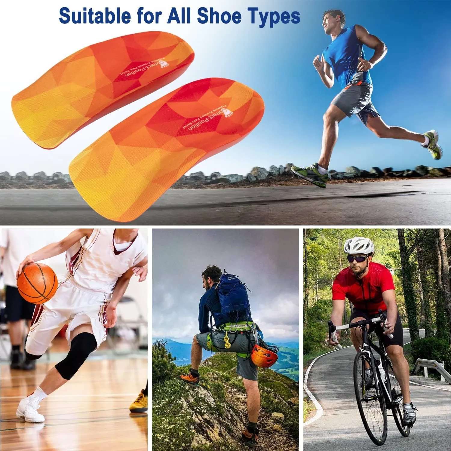 3/4 High Support Arch Orthopedic Insoles Heel Poron Shock Absorbing Insole, Relief Plantar Fasciitis, Flat Feet, Metatarsal Pain, Heel Pain Men Women EU 39-46 Red Pu yellow Fabric