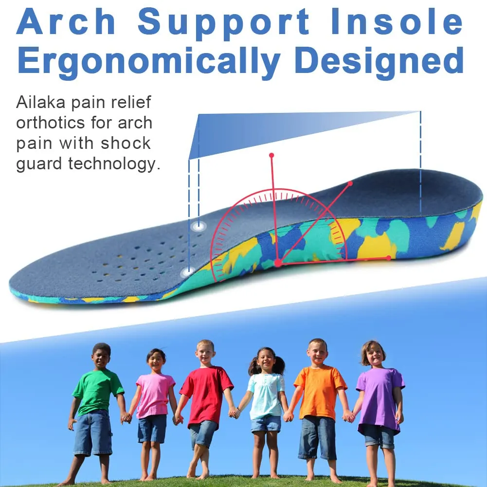 Ailaka Kids Orthotic Cushioning Arch Support Shoe Insoles, Children EVA Foam Inserts for Flat Feet, Plantar Fasciitis 2.5-5.5 M US Little Kid