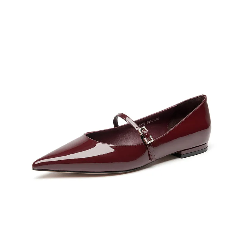 BeauToday Handmade Pointed Toe Soft Leather Flats Womens Mary Jane Shoes with Metal Buckle Closure