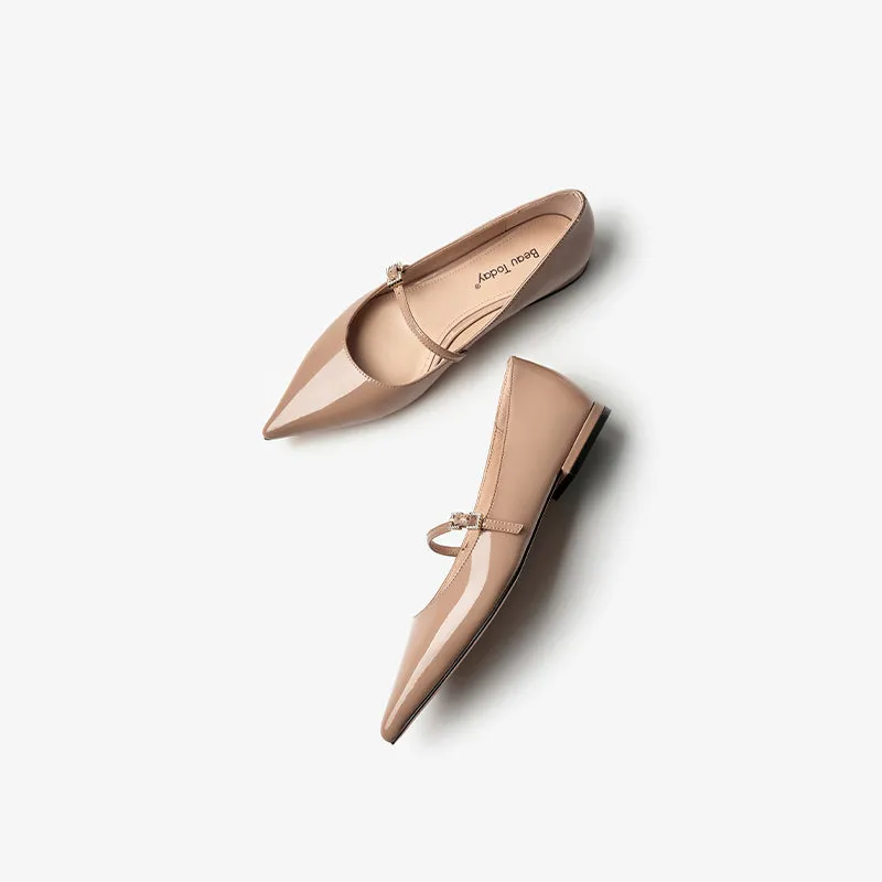 BeauToday Handmade Pointed Toe Soft Leather Flats Womens Mary Jane Shoes with Metal Buckle Closure