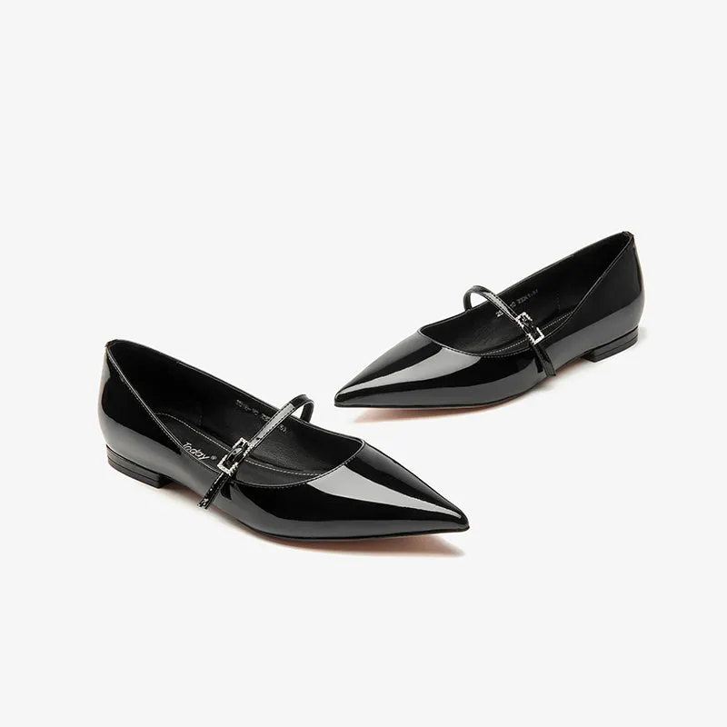 BeauToday Handmade Pointed Toe Soft Leather Flats Womens Mary Jane Shoes with Metal Buckle Closure