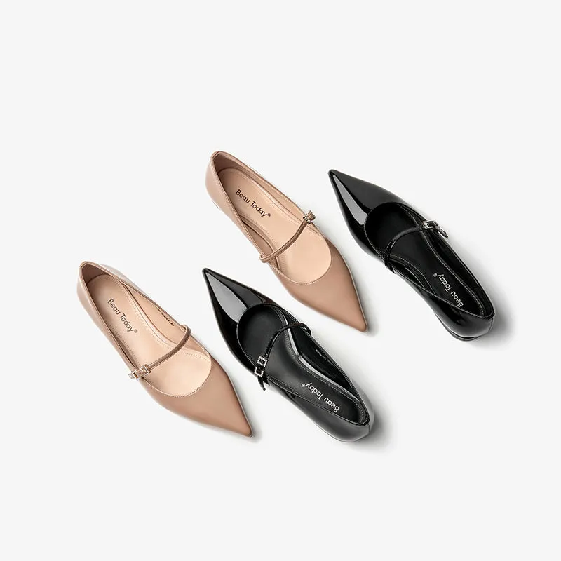 BeauToday Handmade Pointed Toe Soft Leather Flats Womens Mary Jane Shoes with Metal Buckle Closure