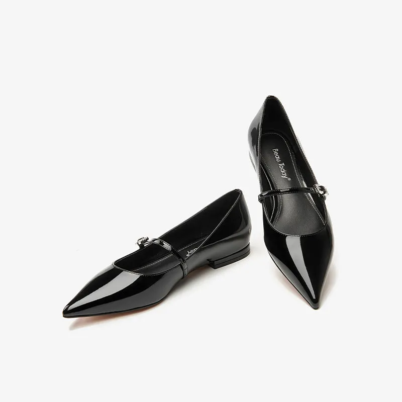 BeauToday Handmade Pointed Toe Soft Leather Flats Womens Mary Jane Shoes with Metal Buckle Closure