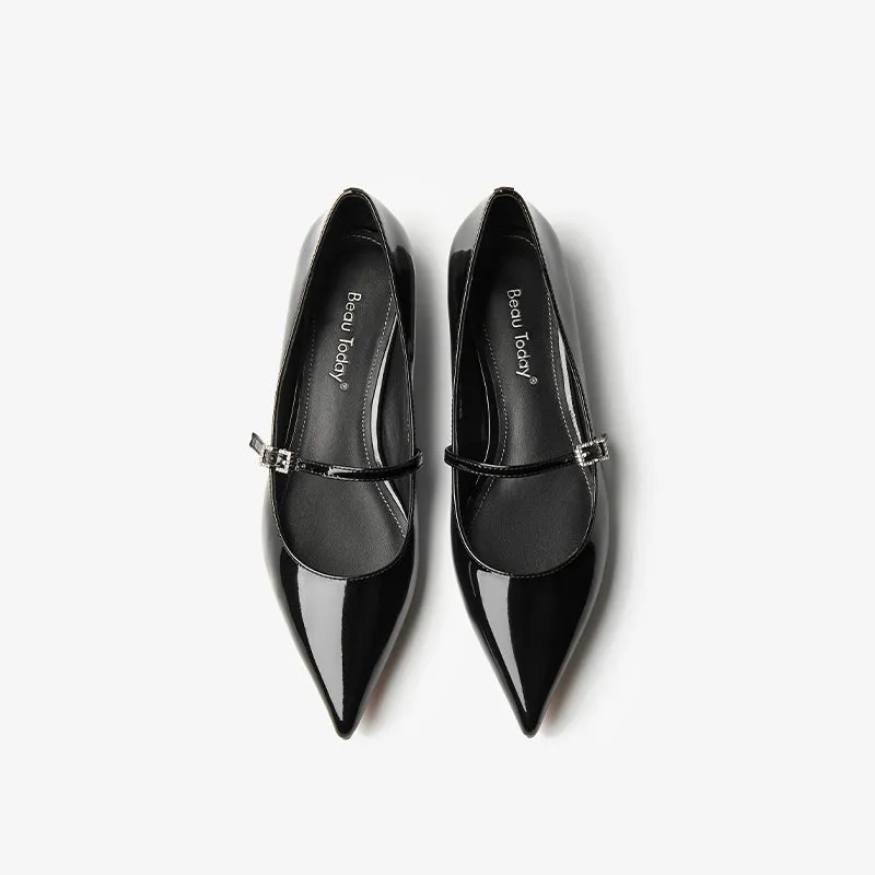 BeauToday Handmade Pointed Toe Soft Leather Flats Womens Mary Jane Shoes with Metal Buckle Closure