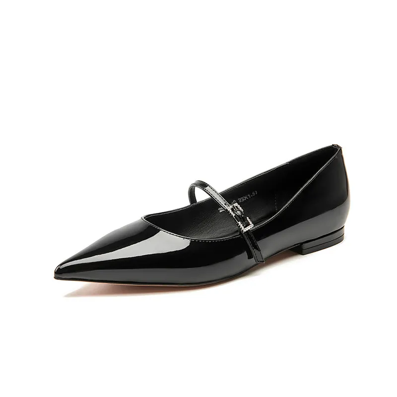 BeauToday Handmade Pointed Toe Soft Leather Flats Womens Mary Jane Shoes with Metal Buckle Closure