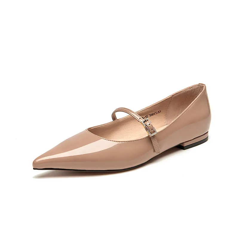 BeauToday Handmade Pointed Toe Soft Leather Flats Womens Mary Jane Shoes with Metal Buckle Closure