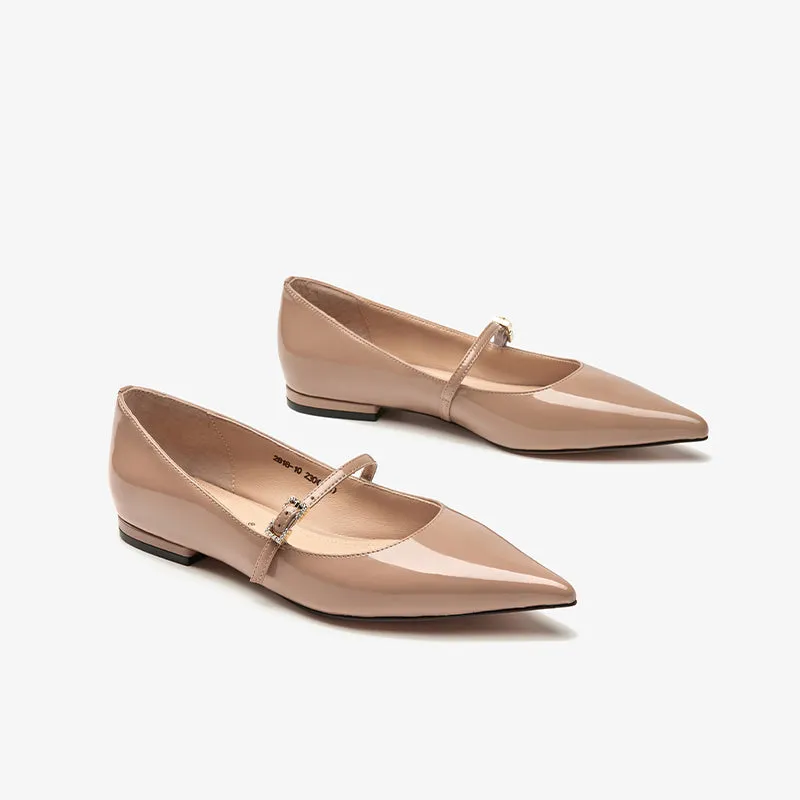 BeauToday Handmade Pointed Toe Soft Leather Flats Womens Mary Jane Shoes with Metal Buckle Closure