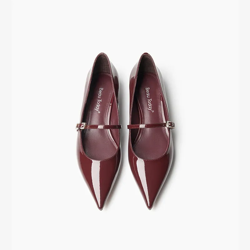 BeauToday Handmade Pointed Toe Soft Leather Flats Womens Mary Jane Shoes with Metal Buckle Closure