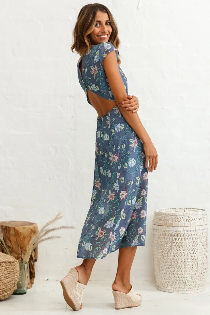 Becky Cap Sleeve Crew Neck Midi Dress Floral Print Ink