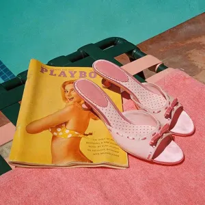 binfenxie  -  Peep Toe Bow Pink Mules Sweet Round Toe Low Heels Slip-On Flower Heart Printed Slippers Summer Women Casual Rubber Shoes