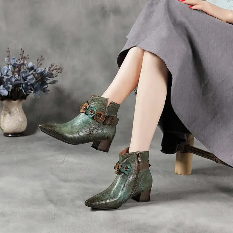 Ethnic Retro Style Floral Lace Up High Heel Leather Women's Martin Boots