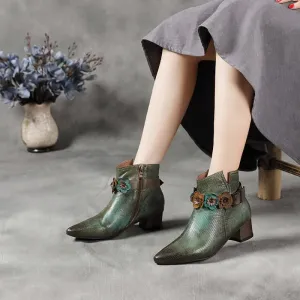 Ethnic Retro Style Floral Lace Up High Heel Leather Women's Martin Boots