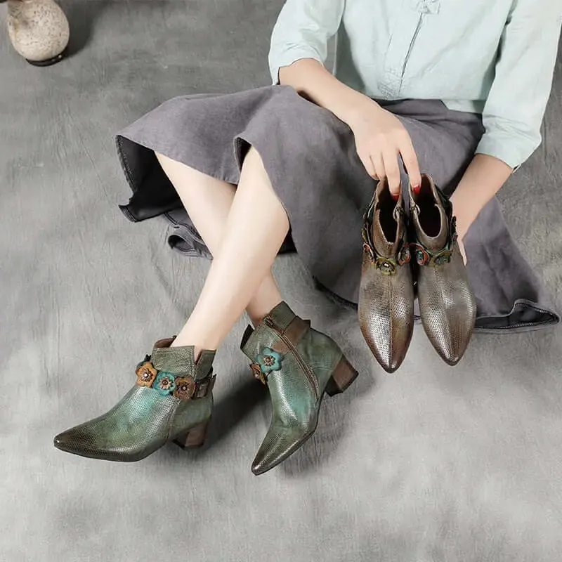 Ethnic Retro Style Floral Lace Up High Heel Leather Women's Martin Boots