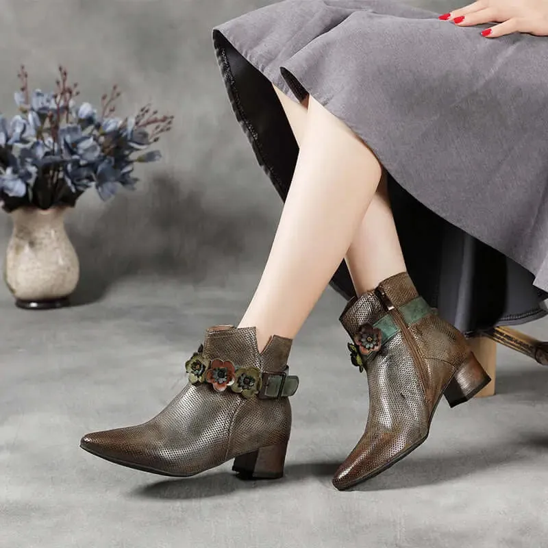 Ethnic Retro Style Floral Lace Up High Heel Leather Women's Martin Boots