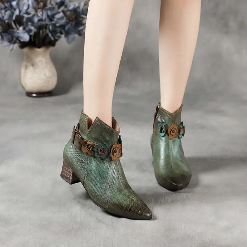 Ethnic Retro Style Floral Lace Up High Heel Leather Women's Martin Boots