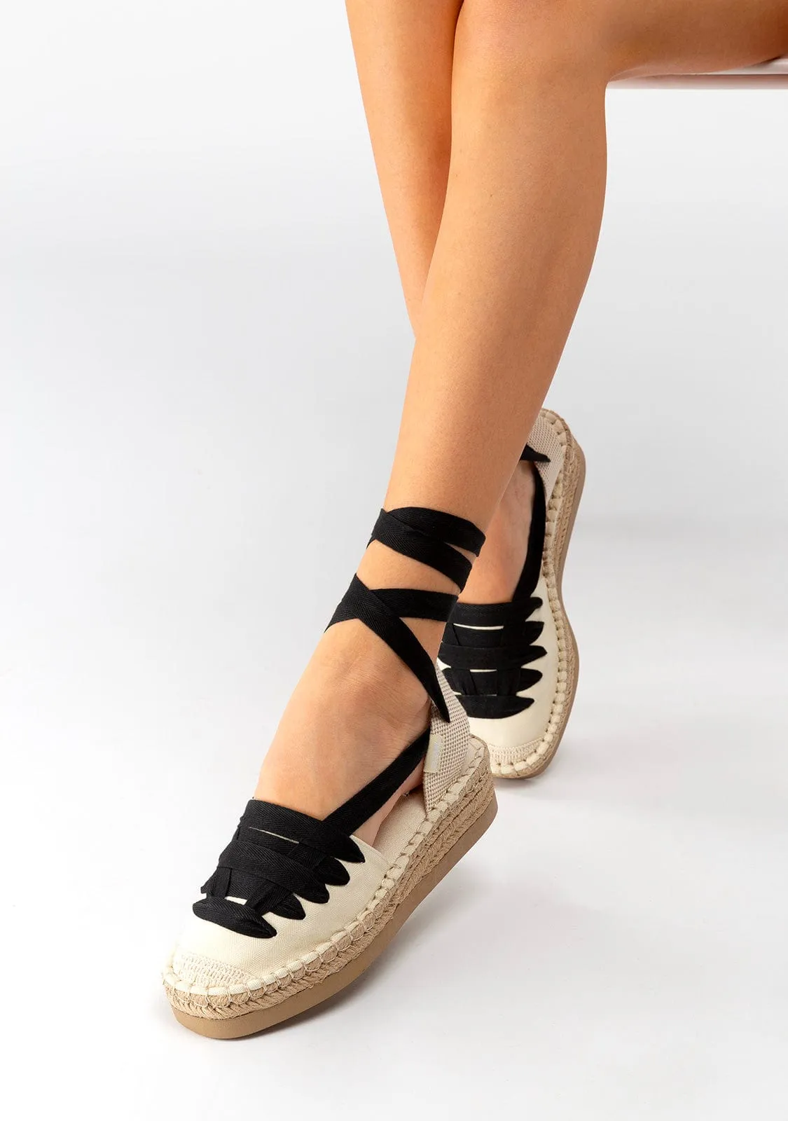 Girl's Beige Wedge Espadrilles Canvas B&W