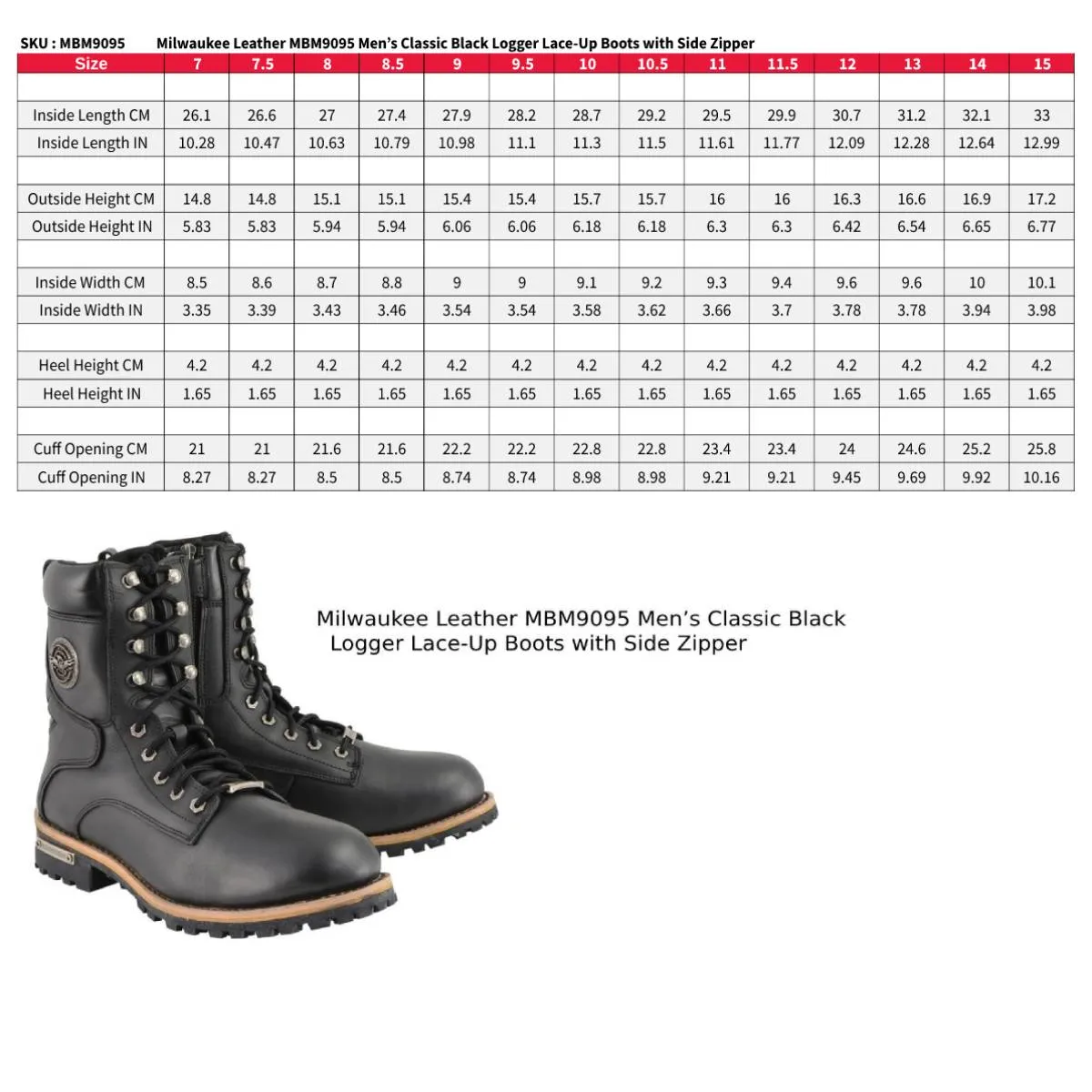 MBM9095 Men’s Classic Black Logger Lace-Up Boots with Side Zipper