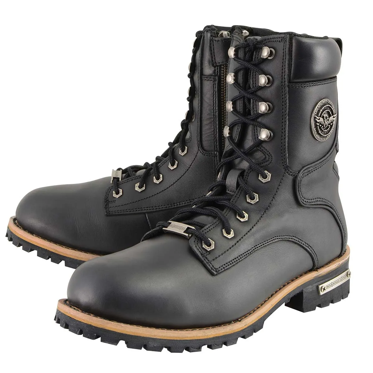MBM9095 Men’s Classic Black Logger Lace-Up Boots with Side Zipper