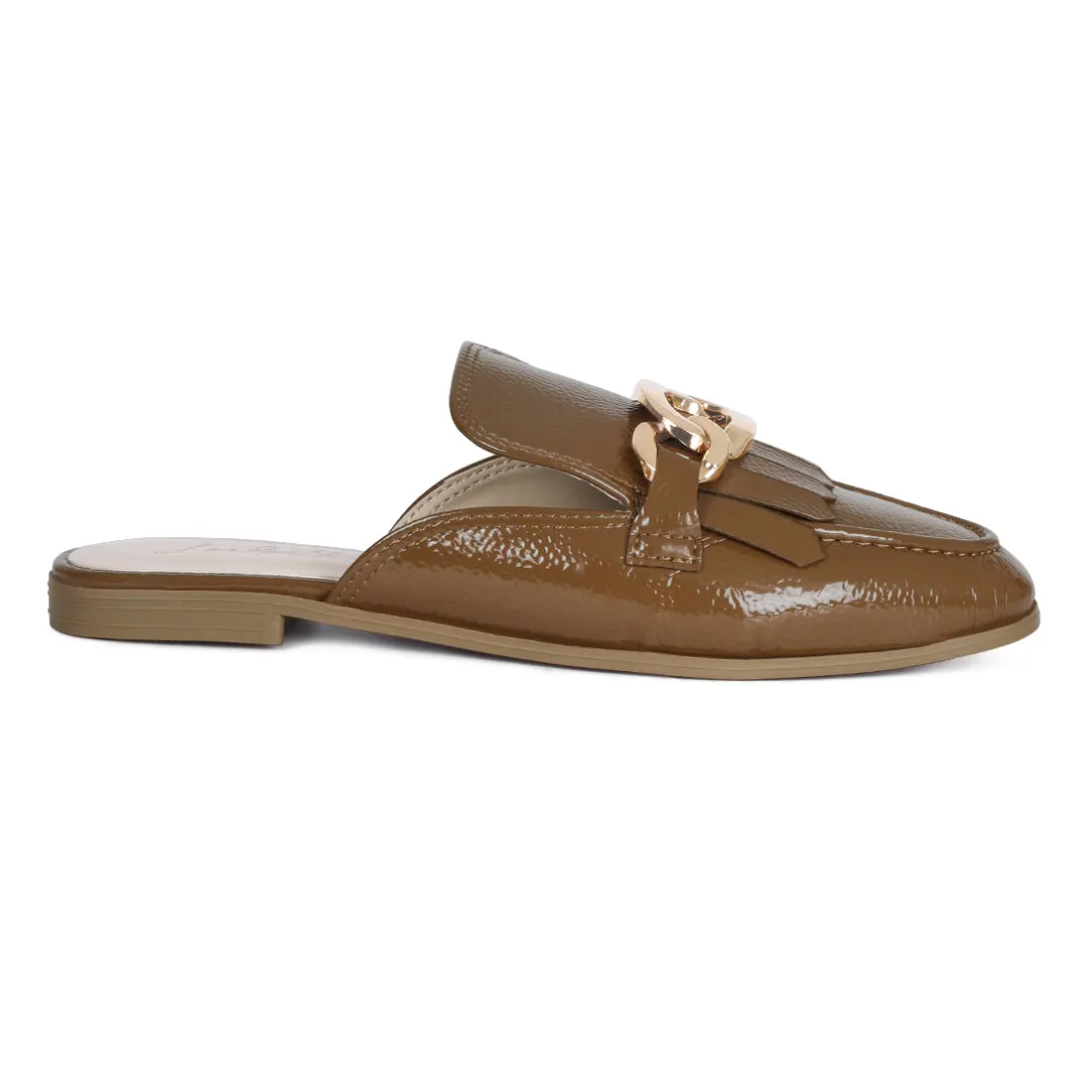 Metal Buckled Fringe Detail Mules in Taupe
