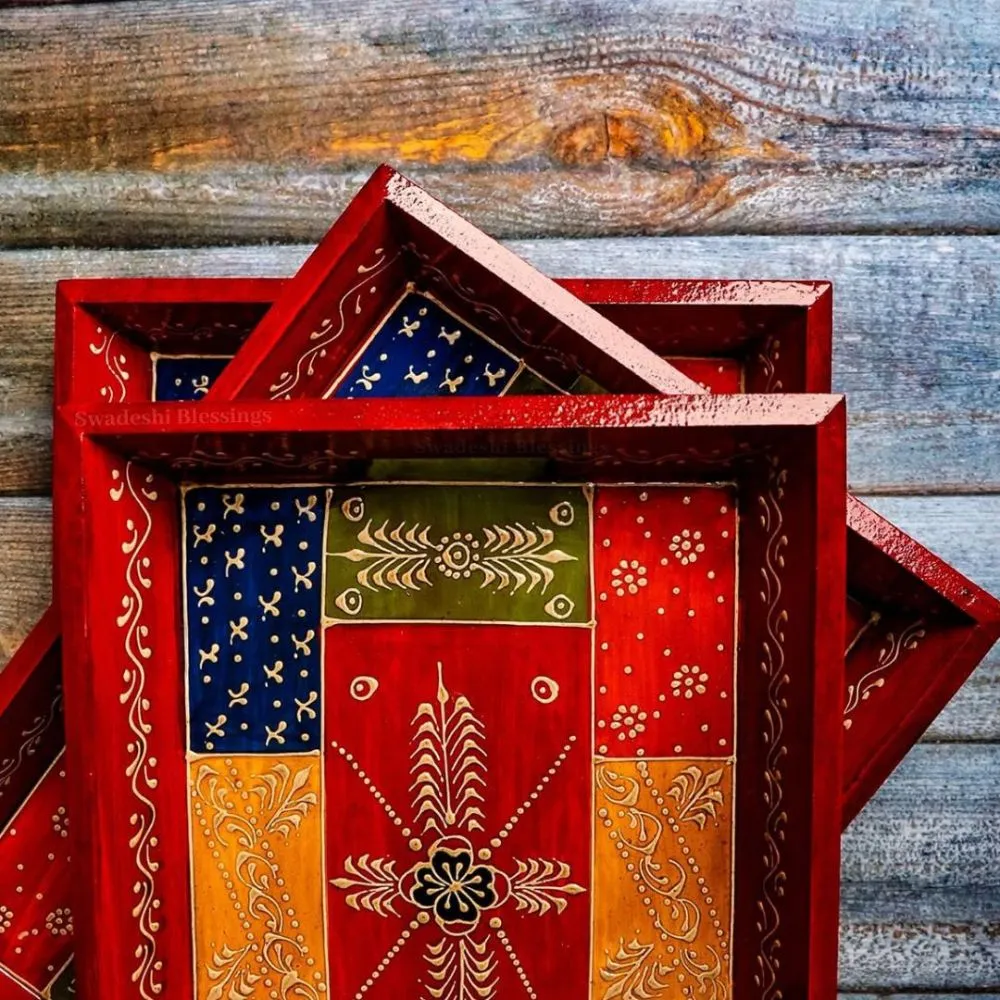 Premium HandPainted Wooden Serving Tray Small, Medium & Large | Antique Red Tray