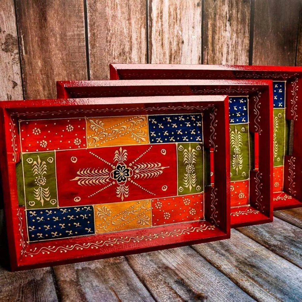 Premium HandPainted Wooden Serving Tray Small, Medium & Large | Antique Red Tray