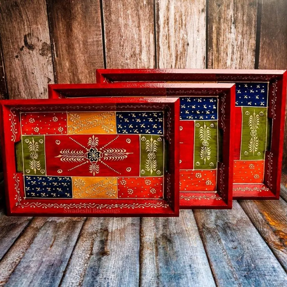 Premium HandPainted Wooden Serving Tray Small, Medium & Large | Antique Red Tray