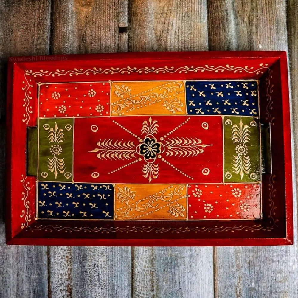 Premium HandPainted Wooden Serving Tray Small, Medium & Large | Antique Red Tray